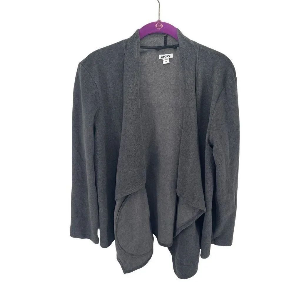 DKNY Women's Open Front Cardigan Sweater Pocket Long Sleeve Stretch Gray Medium